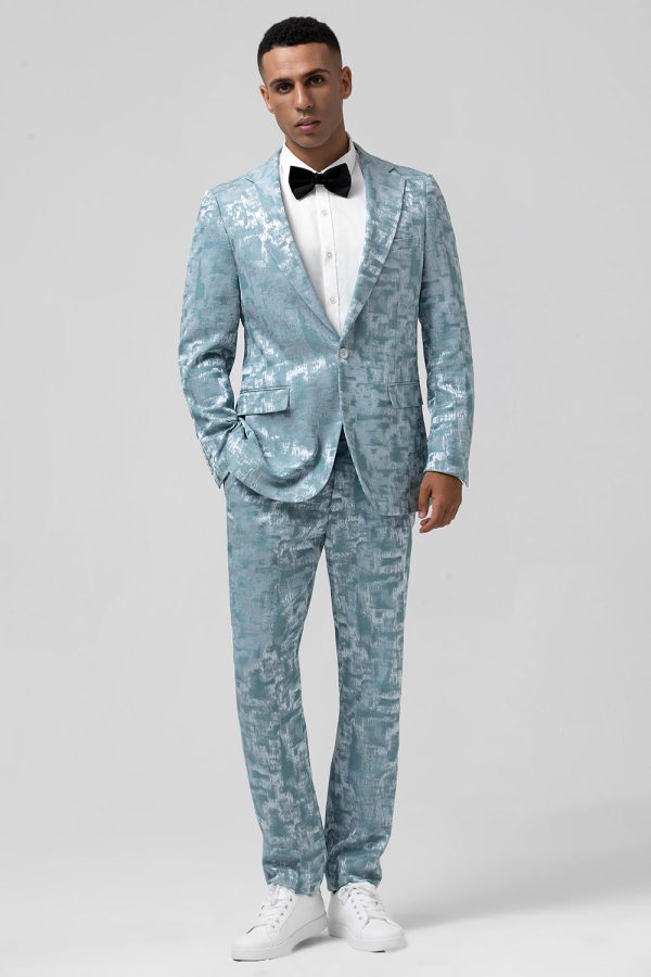 Light Blue Notched Lapel 2 Piece Jacquard Men s Prom Suits Online Sale