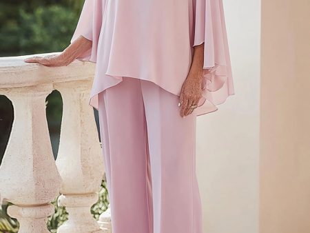 Sparkly Pink Flowy Long Sleeves Beaded Chiffon Mother of the Bride Jumpsuit For Discount