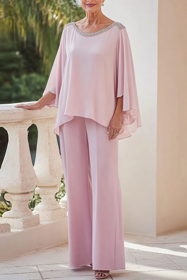 Sparkly Pink Flowy Long Sleeves Beaded Chiffon Mother of the Bride Jumpsuit For Discount