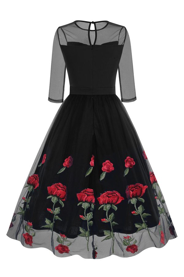 Black A Line Rose Floral 1950s Dress with Half Sleeves Sale