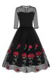 Black A Line Rose Floral 1950s Dress with Half Sleeves Sale