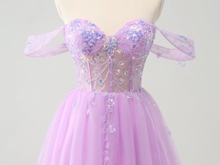 A Line Lilac Off the Shoulder Sequined Homecoming Dress on Sale