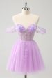 A Line Lilac Off the Shoulder Sequined Homecoming Dress on Sale