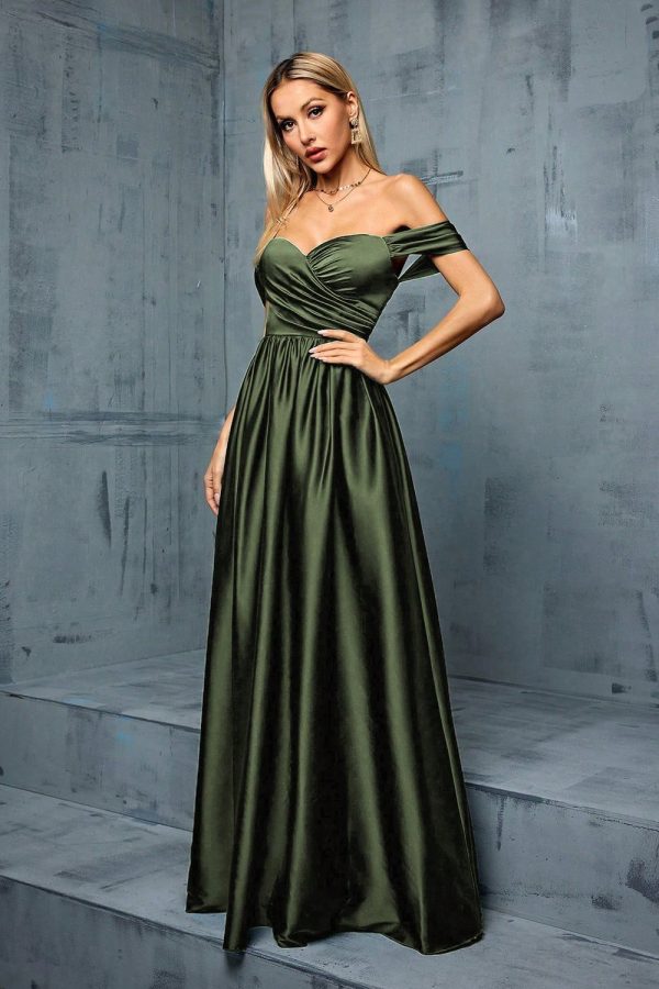 Army Green Off the Shoulder Satin A-Line Long Prom Dress For Sale