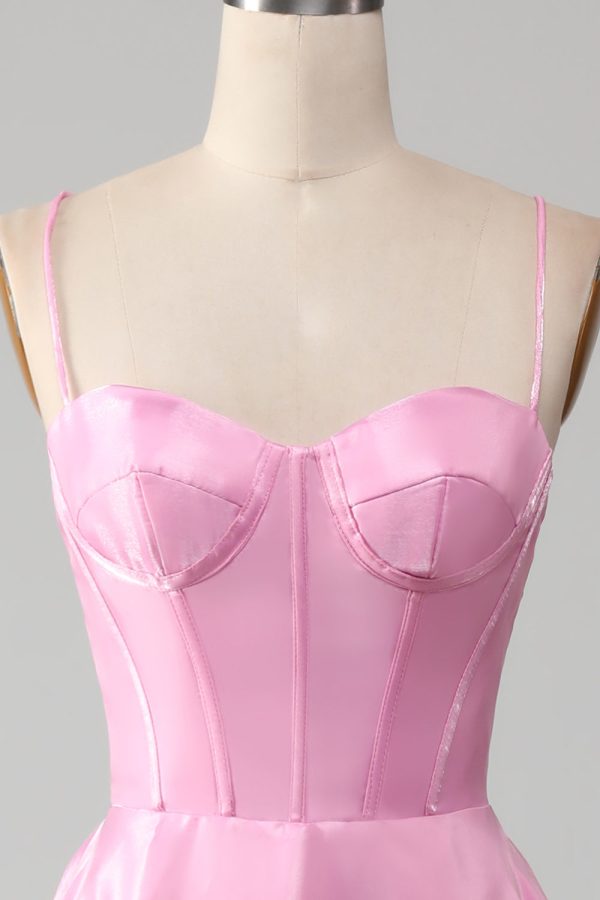 A-Line Spaghetti Straps Pink Corset Prom Dress Online