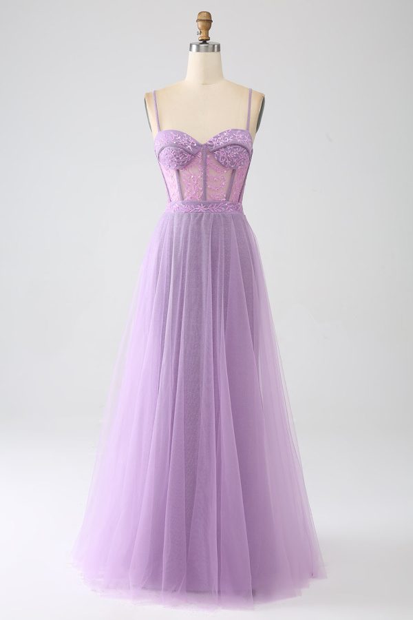 A-Line Lilac Spaghetti Straps Long Corset Prom Dress Sale