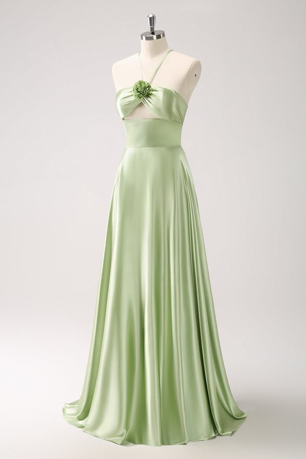 Light Green A-Line Halter Hollow Out Satin Bridesmaid Dress with Flower Online Hot Sale