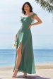 Eucalyptus A-Line Spaghetti Straps Chiffon Long Bridesmaid Dress with Slit Fashion