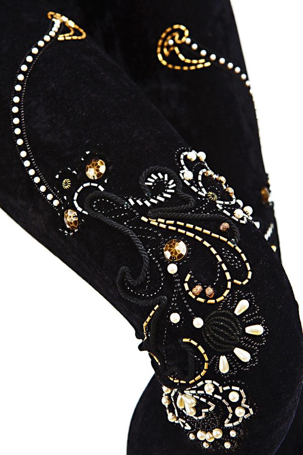 BEBAROQUE PRISCILLA Black Velvet Embroidered Leggings Online Hot Sale