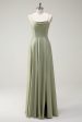 Dusty Sage A Line Satin Spaghetti Straps Long Bridesmaid Dress For Discount