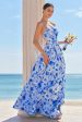 Blue Floral Spaghetti Straps Long Bridesmaid Dress with Slit For Discount