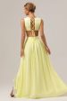 Lemon Yellow A Line Cut Out Lace Up Back Long Bridesmaid Dress with Ruffles Online now