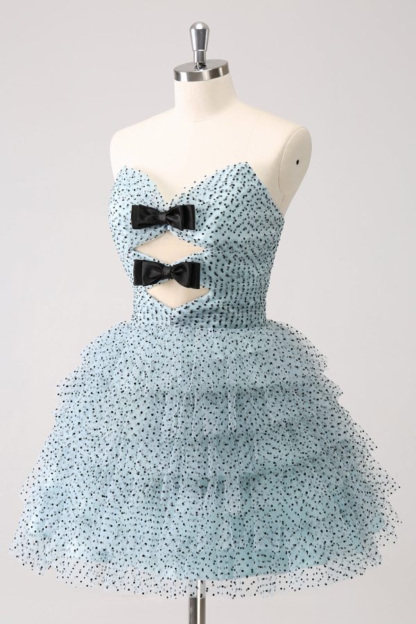 Blue A Line Tiered Dotted Strapless Homecoming Dress with Bows For Sale