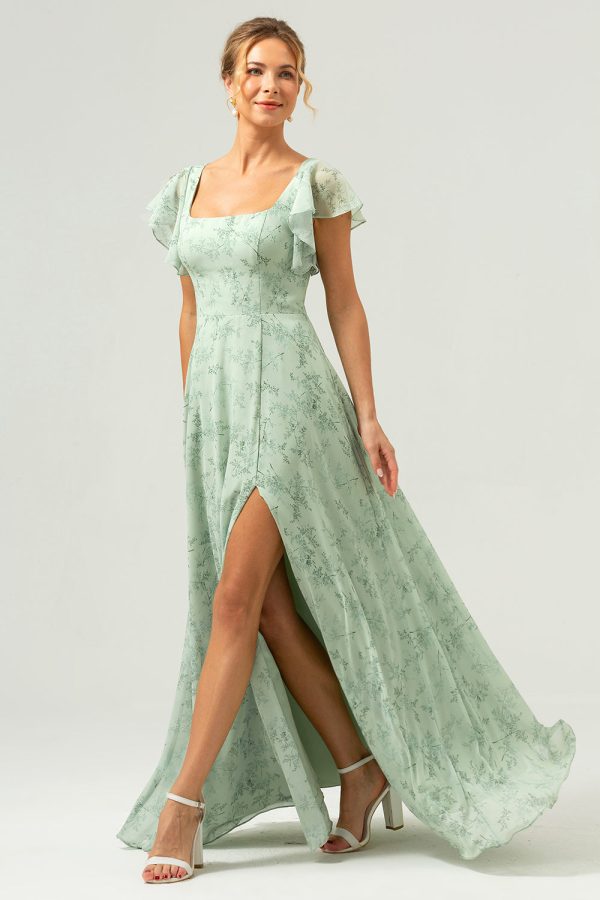 Dusty Sage Square Neck Printed Flower Long Bridesmaid Dress with Slit on Sale