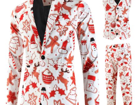 White Printed 3-Piece Christmas Men Suit For Cheap