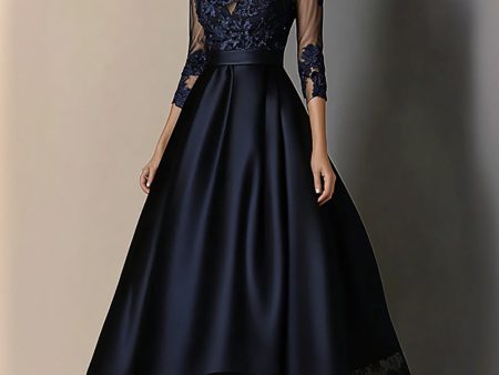 A Line Navy Lace Mother Of Bride Dress with 3 4 Sleeves Supply