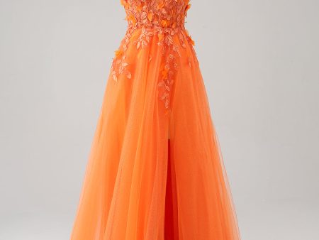 Orange One Shoulder A-Line Tulle Long Prom Dress with Appliques Discount