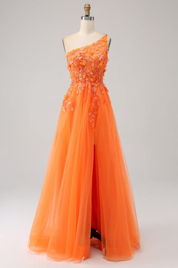 Orange One Shoulder A-Line Tulle Long Prom Dress with Appliques Discount