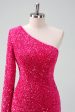 Sparkly Fuchsia One Shoulder Sequin Tight Short Homecoming Dress with Fringe For Sale