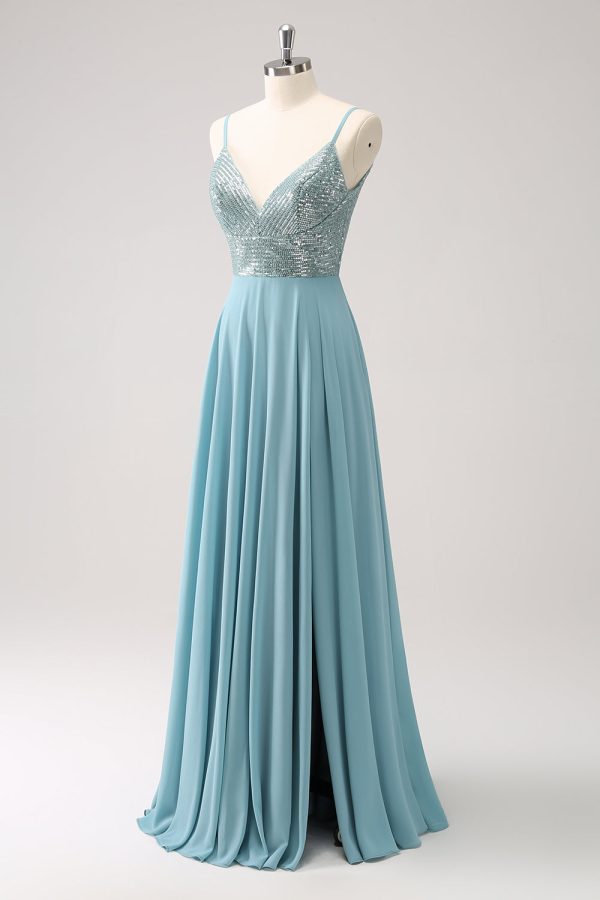 Grey Green A-Line Spaghetti Straps Chiffon Long Bridesmaid Dress with Slit For Cheap