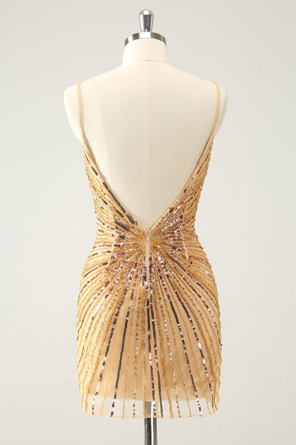 Golden Tight Spaghetti Straps Homecoming Dress with Sequins For Cheap