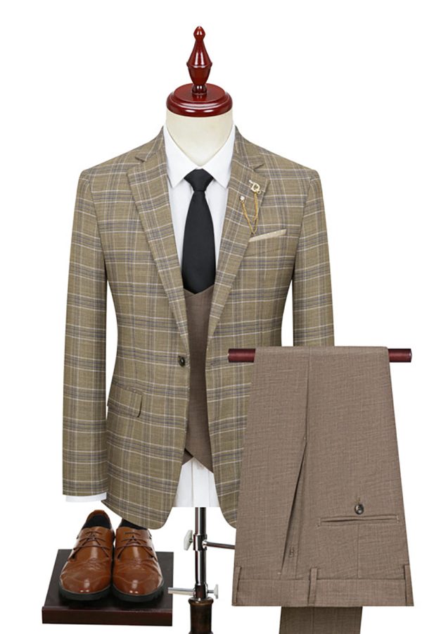 Khaki Plaid 3 Piece Notched Lapel Men Suits Cheap