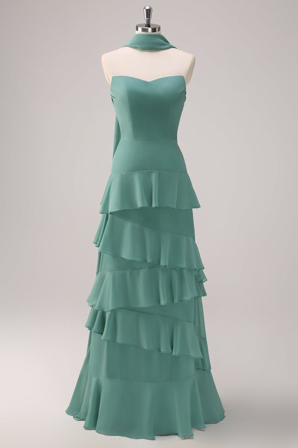 Eucalyptus Strapless Ruffled Bridesmaid Dress with Ribbon Sale