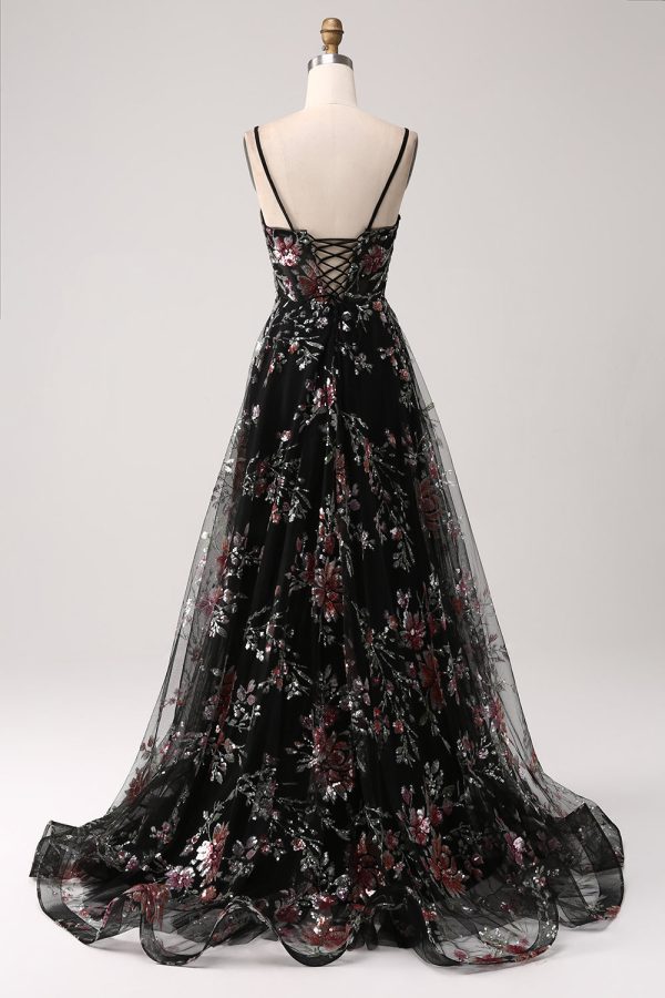 Black A-Line Flower Sequins Long Corset Prom Dress For Sale