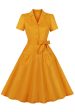 Yellow Ruffled Notched Lapel Belted Bows 1950s Dress with Pockets Cheap