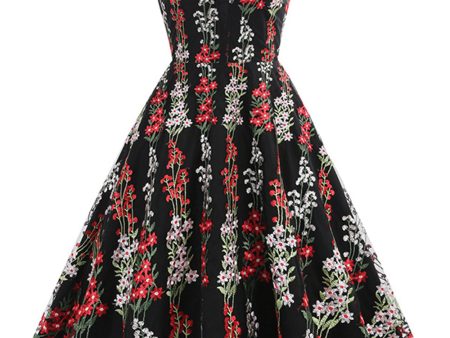 Black Floral Lace Embroidery Sleeveless Elegant Vintage Dress Hot on Sale