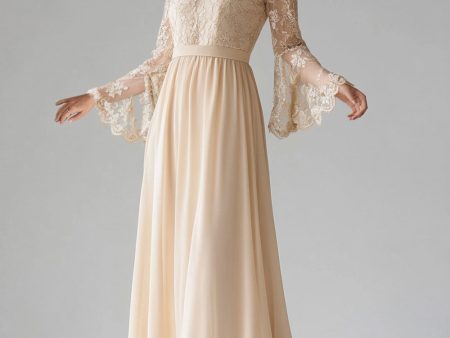 Apricot Chiffon Scoop Neck Flare Sleeves A Line Lace Mother of The Bride Dress Hot on Sale