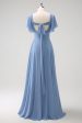 Grey Blue A Line Chiffon Long Bridesmaid Dress with Slit For Sale