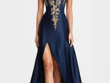 Beaded Navy Blue A Line Sweetheart Satin Sparkly Formal Dress with Slit Fashion