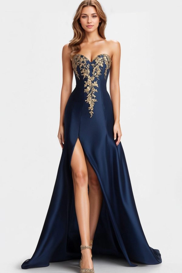 Beaded Navy Blue A Line Sweetheart Satin Sparkly Formal Dress with Slit Fashion