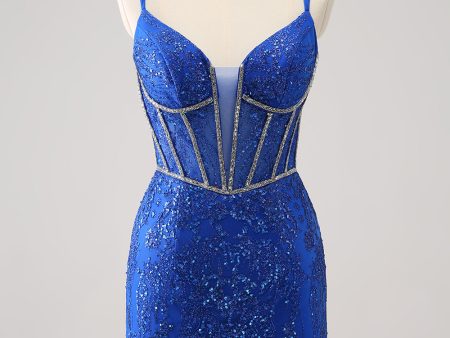 Sparkly Royal Blue Spaghetti Straps Corset Tight Homecoming Dress with Sequins Fashion