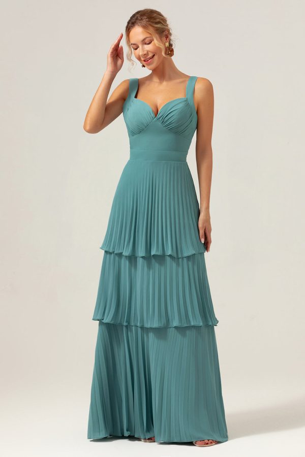 Eucalyptus A-Line Spaghetti Straps Chiffon Pleated Tiered Bridesmaid Dress Fashion