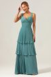 Eucalyptus A-Line Spaghetti Straps Chiffon Pleated Tiered Bridesmaid Dress Fashion