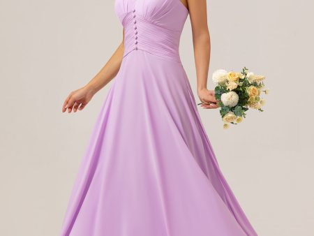 A Line Halter Chiffon Backless Long Purple Bridesmaid Dress For Cheap