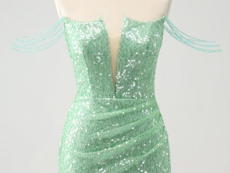 Sparkly Green Off the Shoulder Ruched Tight Homecoming Dress with Sequins Online