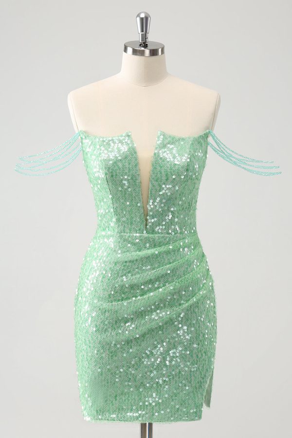 Sparkly Green Off the Shoulder Ruched Tight Homecoming Dress with Sequins Online