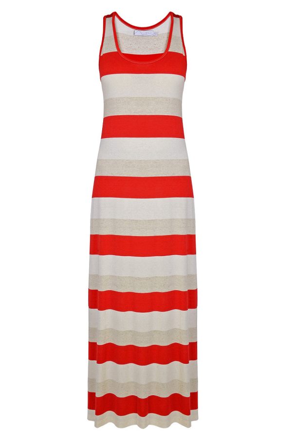 CARLOS MIELE KARLA Red and Beige Maxi Striped Dress For Sale