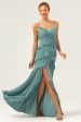 Eucalyptus Sheath Spaghetti Straps Ruffle Long Bridesmaid Dress with Slit Supply