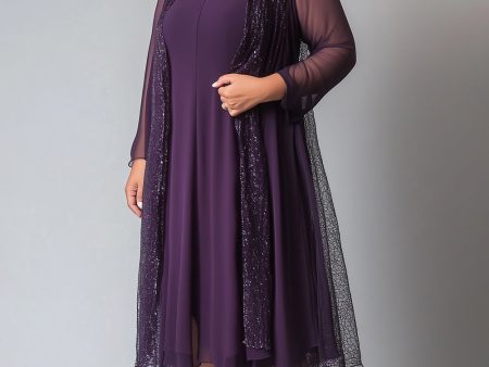 Sparkly Purple Chiffon A Line V Neck Long Sleeves Mother of The Bride Dress Fashion