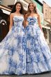 White Blue Flower A-Line Strapless Tiered Long Prom Dress with Bows For Discount