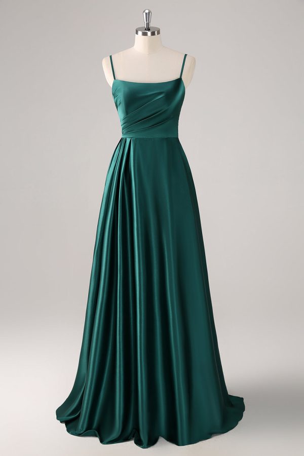 Dark Green A-Line Spaghetti Straps Satin Ruched Long Bridesmaid Dress Supply