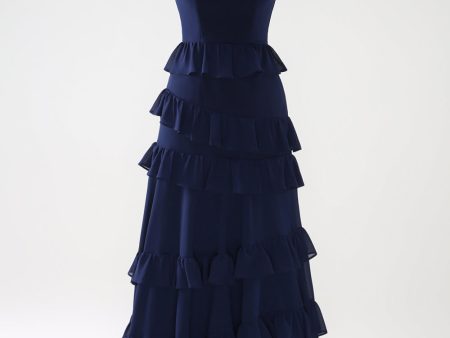 Dark Navy A-Line Tiered Chiffon Long Bridesmaid Dress For Discount