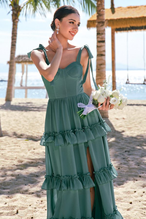 Eucalyptus A-Line Bow Tie Straps Corset Chiffon Long Bridesmaid Dress with Slit For Discount