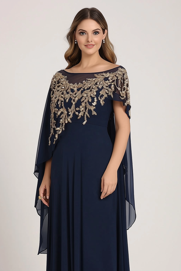 Sparkly Navy Chiffon Mother of Bride Dress with Cape For Sale