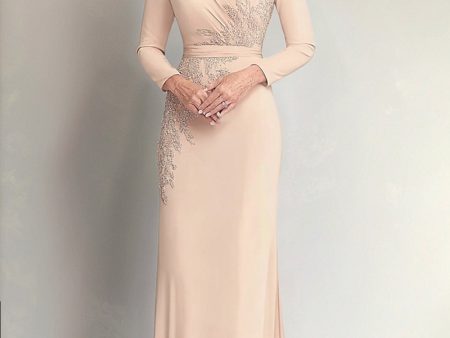 Beige Sheath V-neck Long Sleeves Mother of the Bride Dress with Appliques Online Hot Sale