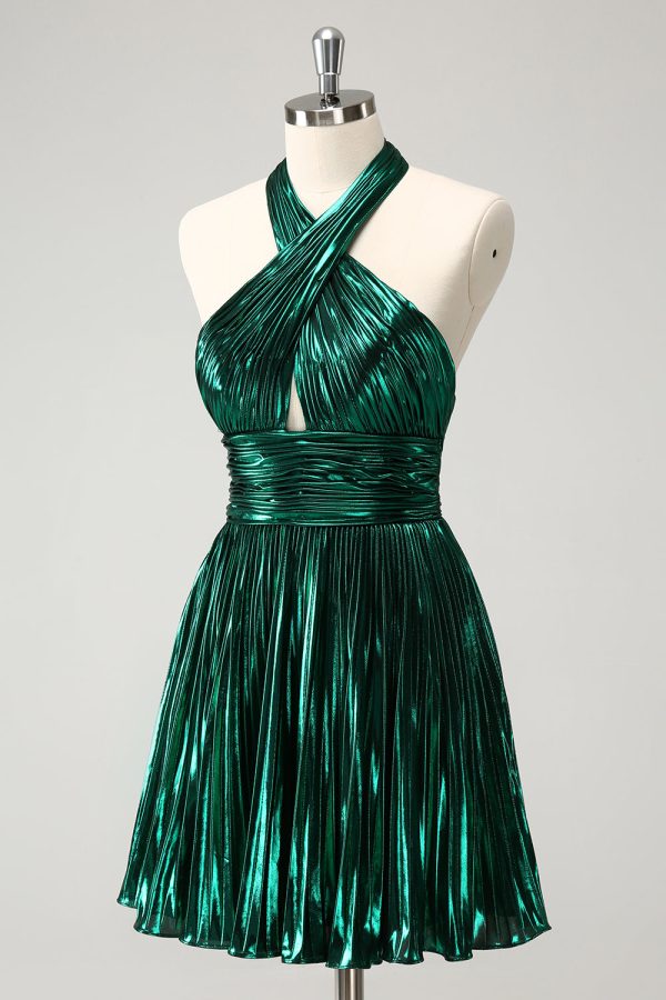 Glitter Dark Green Halter A-Line Pleated Metallic Homecoming Dress Online